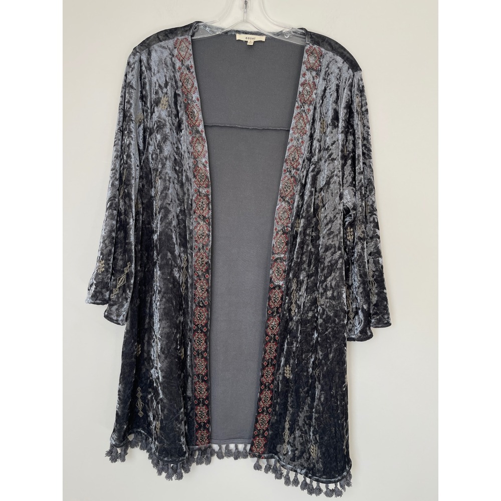 Easel Womens S Gray Crushed Velvet Embroidered Tassel Fringe Kimono Cardigan